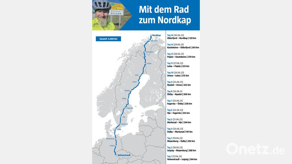 Die Tour von Josef Reger von Vohenstrauß ans Nordkap. Grafik: Marco Meier
