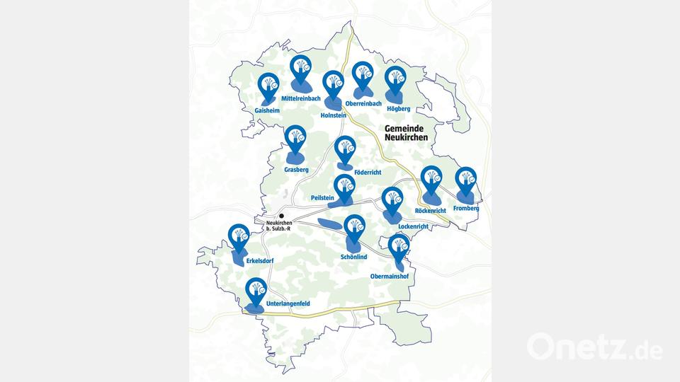 Auf dieser Karte der Gemeinde Neukirchen sind die Orte hervorgehoben, in denen die Telekom Glasfaseranschlüsse verlegen wird. Grafik: Oberpfalz-Medien