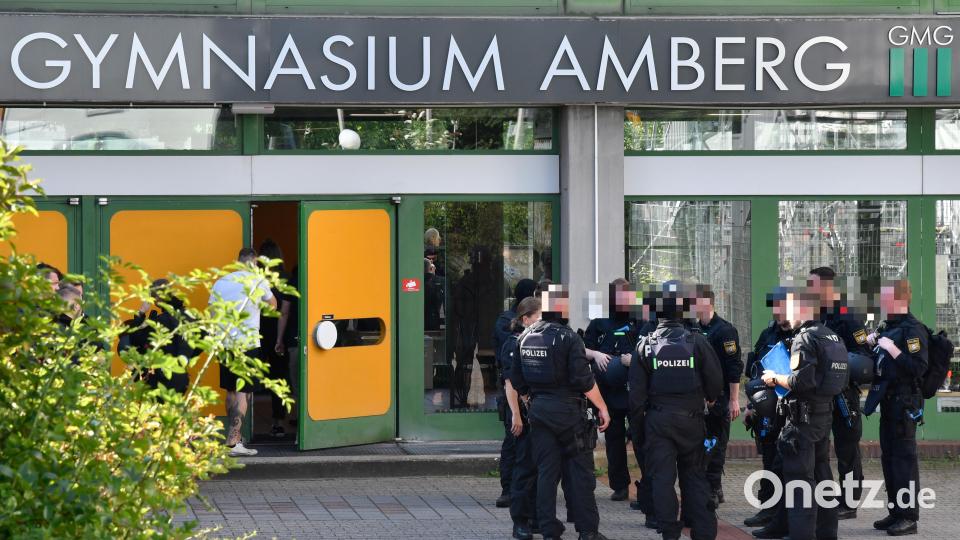 Das sorgte am Mittwoch für Aufsehen in Amberg: Polizeibeamte stehen vor dem Haupteingang des Gregor-Mendel-Gymnasiums. Bild: Petra Hartl