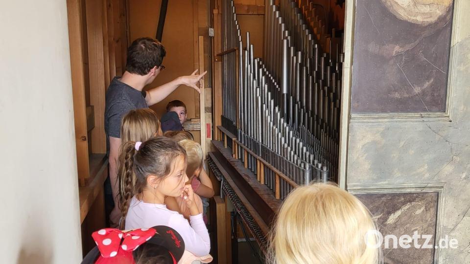 Unter der Anleitung des Kirchenmusikers Florian Löw durften die Mädchen und Jungen die Orgel genauer unter die Lupe nehmen Bild: Edith Schön/exb
