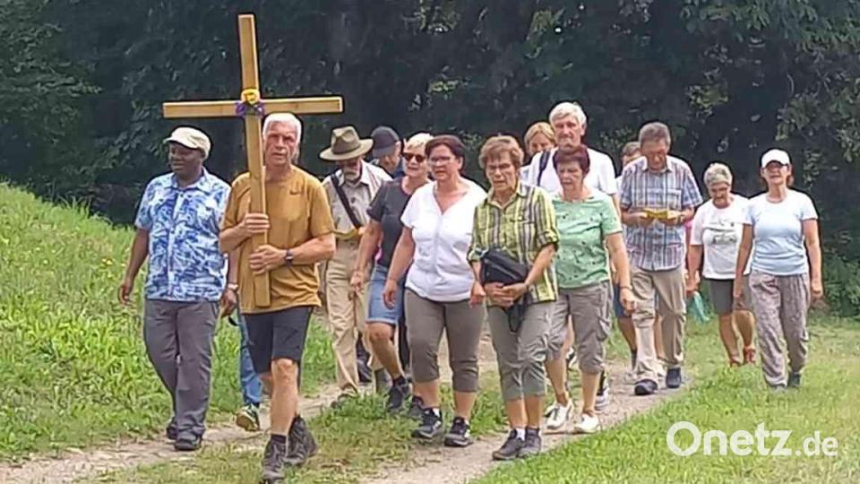 An der Spitze der Wallfahrer gehen Karl Schmid und Pfarrvikar Basil. Bild: gz