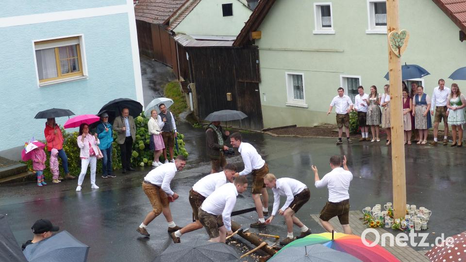 Die Schuhplattler legen zuvor die Axt an und das Tännesberger Gemeindeoberhaupt Ludwig Gürtler (Fünfter von links, mit Schirm) beobachtet das genau. Bild: sl