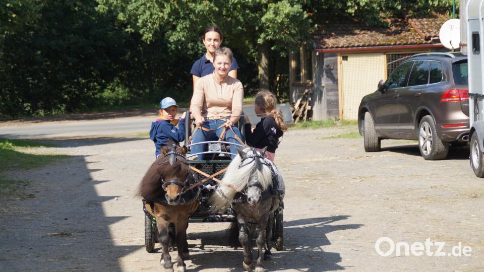 Die neue Reitlehrerin Bianca Kuhbandner fährt zusammen mit Johanna Schönberger (stehend) die Kinder mit der Minikutsche einmal um die Reitanlage. Bild: wel