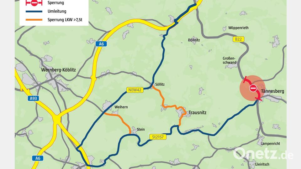 Für die Sperrung der Straße zwischen Tännesberg und Großenschwand ist eine großräumige Umleitung ausgewiesen. Grafik: Laura Fröhler/ Quelle: Staatliches Bauamt Amberg-Sulzbach