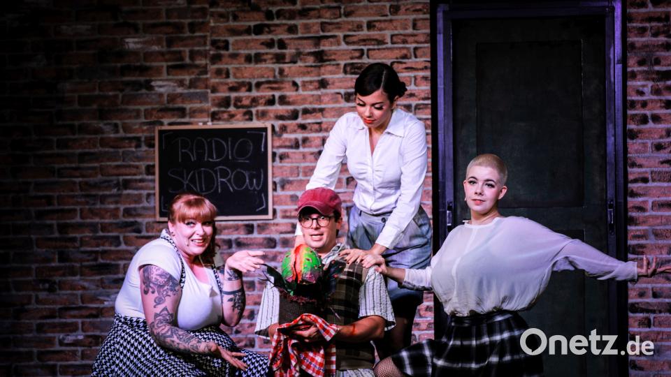 Noch ist die Pflanze in den Händen von Seymour (Florian Wein) ganz klein. Dazu sind Stephanie Meier, Lena Biegerl und Paula Klepser zu sehen (links nach rechts) Bild: Freya Fehse/exb