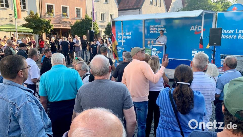 Auf dem Oberen Markt in Weiden versammeln sich mehrere AfD-Politiker und Besucher zu einer Kundgebung. Bild: Gabi Schönberger