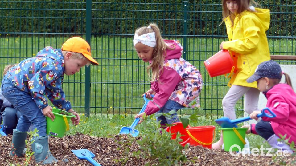 Mit Begeisterung und entsprechendem Handwerkszeug ausgestattet, helfen die Kleinen mit, das neue Pflanzbeet anzulegen. Bild: lgc