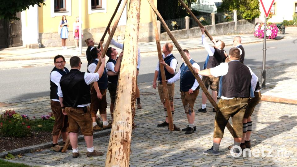 Muskelkraft ist gefragt beim Aufstellen des Kirwa-Baumes in der Grünanlage neben der Mariensäule. Bild: do