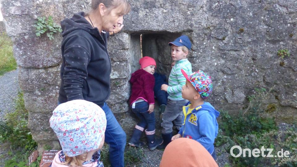 Die Schießscharte muss genau begutachtet werden, Burgwartin Rita Lingl erzählt dazu Geschichten. Bild: sl