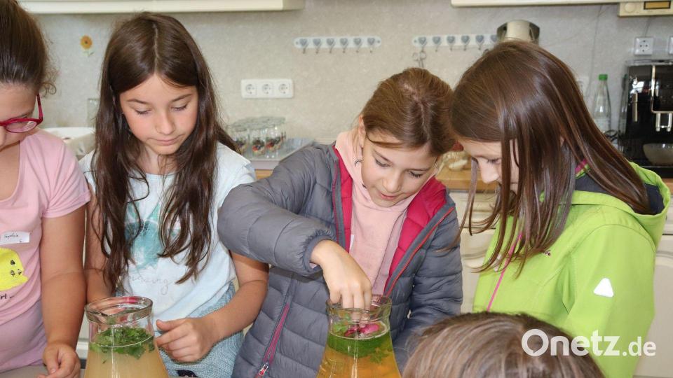 Aus Apfelsaft, Wasser und selbst gesammelten Kräutern mixen die Mädchen eine feine Kräuter-Limo. Bild: Stefan Max/exb