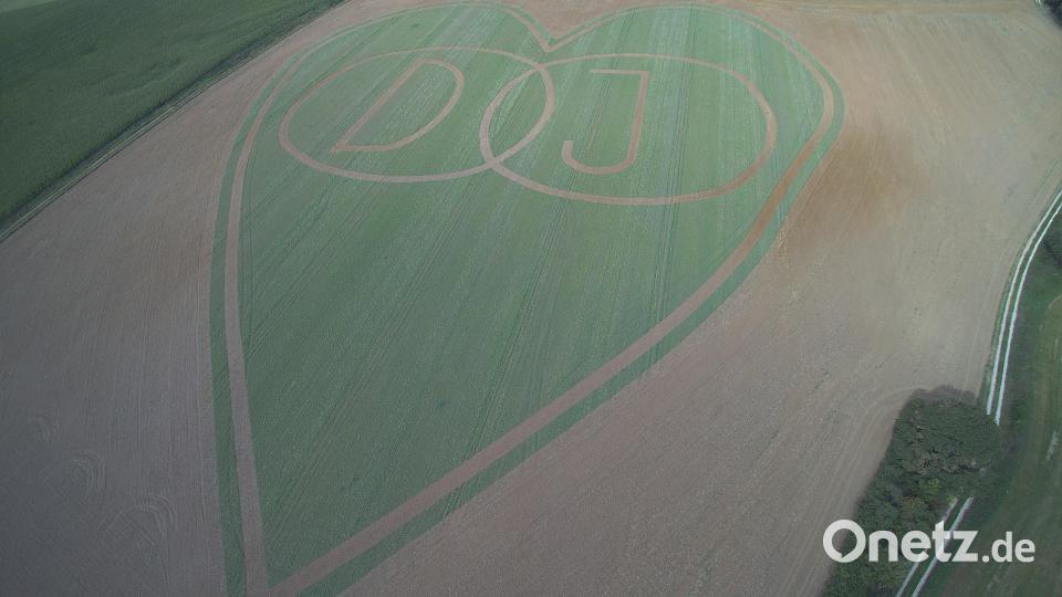 Für einen Heiratsantrag ist auf einem Feld bei Thanheim (Kreis Amberg-Sulzbach) ein riesiges Herz entstanden. Bild: Privat