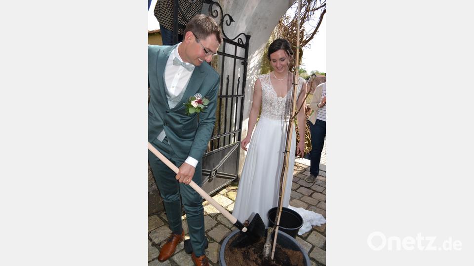 Gelernt ist gelernt: Das Pflanzen des Kastanienbäumchens war für das Brautpaar Ramona und Matthias Steinhilber kein Problem. Bild: kki