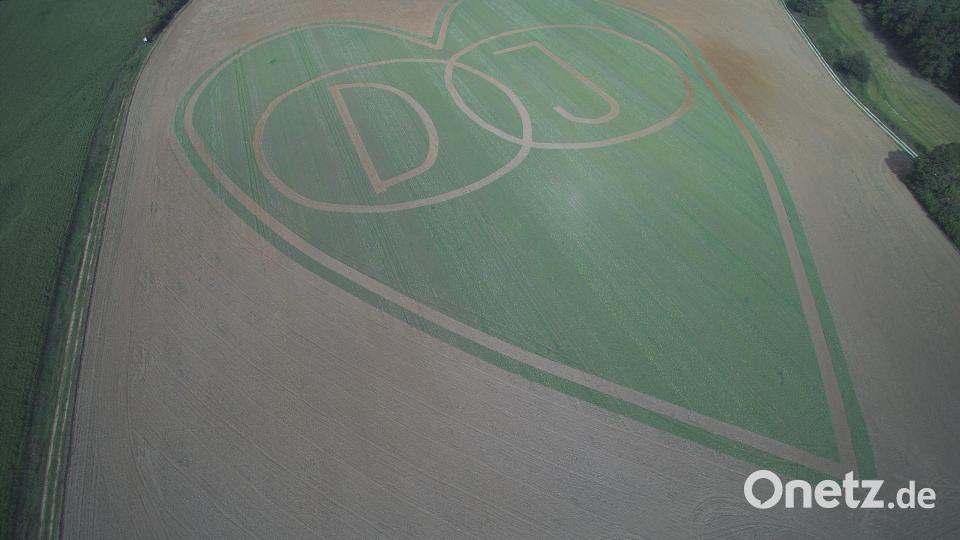 Bauer fragt Frau: Für einen Heiratsantrag ist auf einem Feld bei Thanheim (Kreis Amberg-Sulzbach) ein riesiges Herz entstanden. Bild: Privat