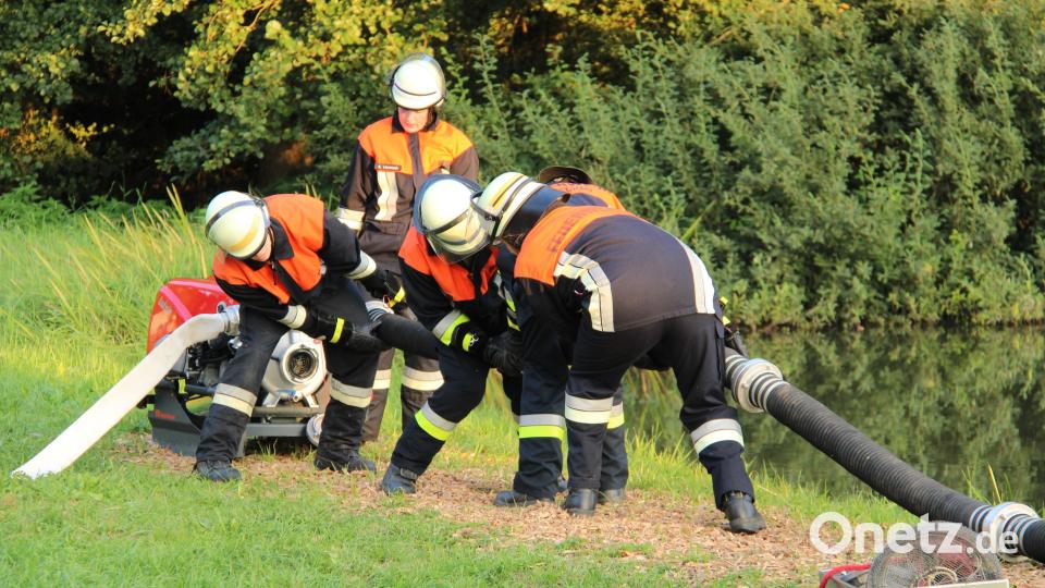 Die Prüfungsübung „Gruppe im Löscheinsatz – Außenangriff Wasserentnahme mit Saugleitung aus offenem Gewässer“ absolvierten die Teilnehmer der Roschauer Feuerwehr mit Bravour. Bild: prh