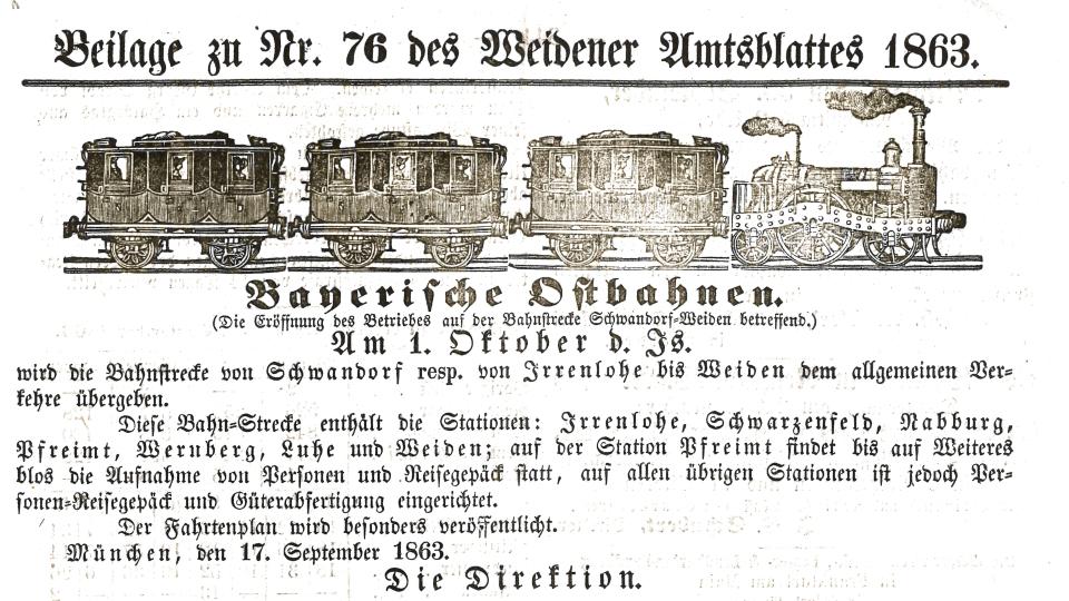 Diese Eröffnungsanzeige erscheint 1863 im Amtsblatt für das königliche Bezirksgericht Weiden. Bild: Stadtarchiv Weiden