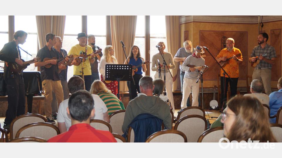 Die Laienspieler des Ukulele-Instituts Prag eröffnen den Tag der Ukulele in Neunburg vorm Wald. Bild: wel