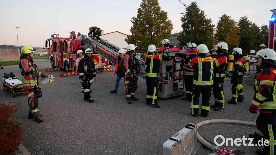 Eine vermisste Person (Puppe) musst mit einer Feuerwehrleiter gerettet und dem BRK übergeben werden. Bild: gz