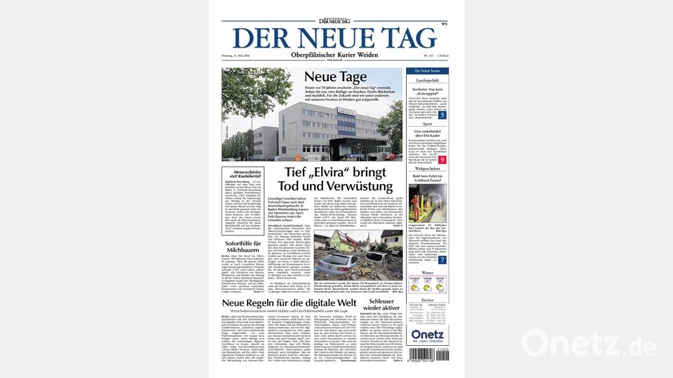 Der neue Tag vom 31. Mai 2016: Nicht nur das Verlagsgebäude in der Weigelstraße in Weiden erstrahlt in neuem Glanz. Auch die Zeitung selbst präsentiert sich innerhalb von 10 Jahren nochmal moderner - und mit Überschrift im Bild und einem Farbleitsystem auf Höhe der (damaligen) Zeit. Repro: Oberpfalz Medien