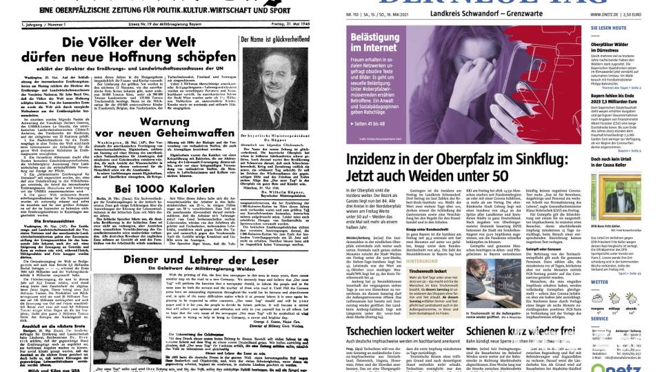 75 Jahre liegen zwischen diesen beiden Titelseiten. An der Gestaltung der Zeitung &quot;Der neue Tag&quot; hat sich in dieser Zeit viel geändert. Repro: Oberpfalz Medien