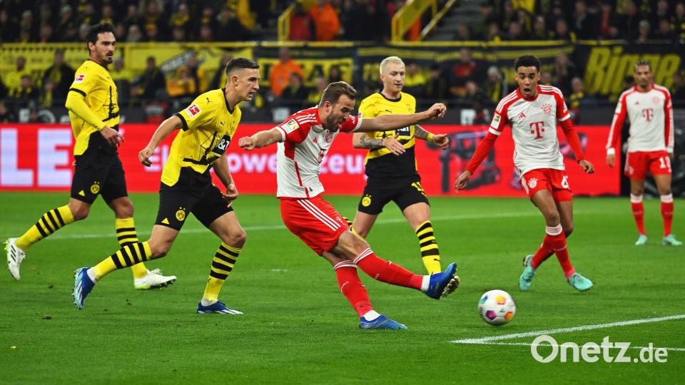 FC-Bayern-Stürmer Harry Kane (M) traf gegen den BVB dreimal. Bild: Bernd Thissen/dpa