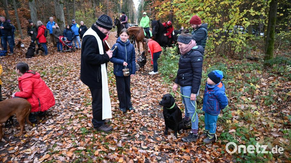 Auch den zahlreich erschienenen Vierbeinern erteilt Pfarrer Thomas Stohldreier den Segen an der Pautschkapelle. Bild: kki