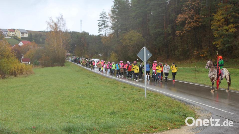 Über die Staatsstraße 2240 marschiert der Faschingszug in Utzenhofen ein. Bild: aun