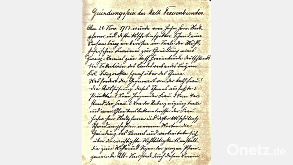 Am 24. November 1913 wurde vom hochwürdigen Herrn Stadtpfarrer und Distriktschulinspektor Schmid eine Versammlung einberufen, im Saale der Mühlhofschen Brauerei zur Gründung eines Zweigvereins zum Katholischen Frauenbund Deutschlands. Als Vorsitzende wurde Maria Hilden bestimmt. Archivbild: Frauenbund Neustadt/WN - Repro: krb