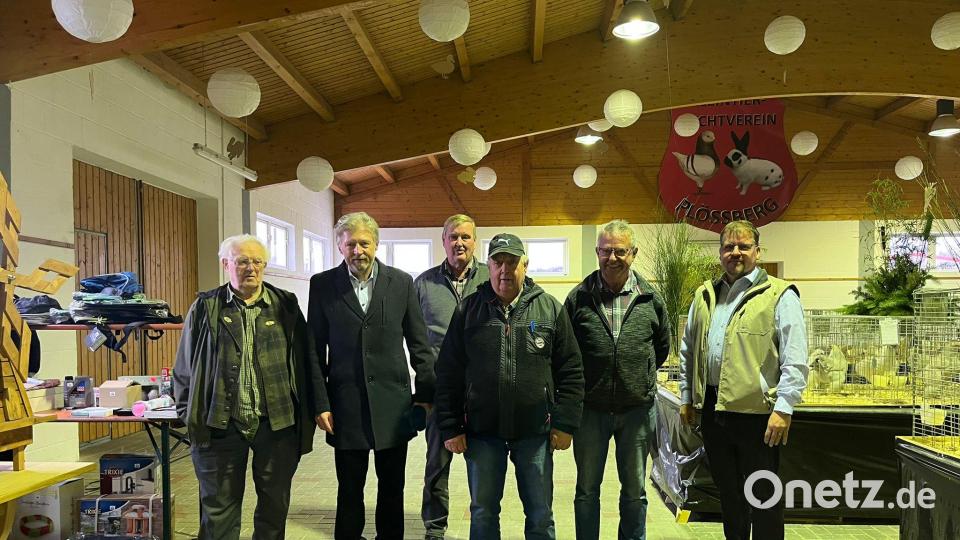Rudolf Kreuzer, Bürgermeister Lothar Müller, Willibald Schiffl, Willi Schiener, Gerhard Lang und Vorsitzender Udo Hildebrand (von links) bei der Eröffnung der Lolkalschau des Plößberger Kleintierzuchtvereins. Bild: KTZV Plößberg/exb