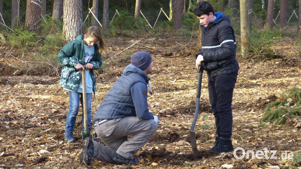 Die Jugendlichen bei der Baumpflanzaktion. Bild: Walter Seltmann/exb
