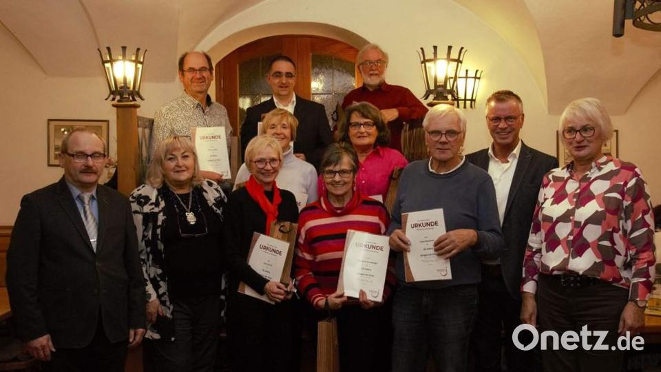 Vor 25 Jahren gründete sich aus der Schola des katholischen Pfarrei der Gemischte Chor des Gesangvereins 1860. Bei den Feierlichkeiten waren dabei: (vorne, von links) Sängerkreisvorsitzender Karl Hermann, Vorsitzende Renée Ehringer-Hoffmann, Gabi Meindl, Elisabeth Ernstberger, Peter Butschek, Bürgermeister Hermann Falk, Schriftführerin Brigitte Schwarz sowie (Zweite Reihe, von links) Evelyn Högl, Christine Hadley, (hinten, von links) Michael Högl, Christian Fink und Hans Meindl. Bild: u