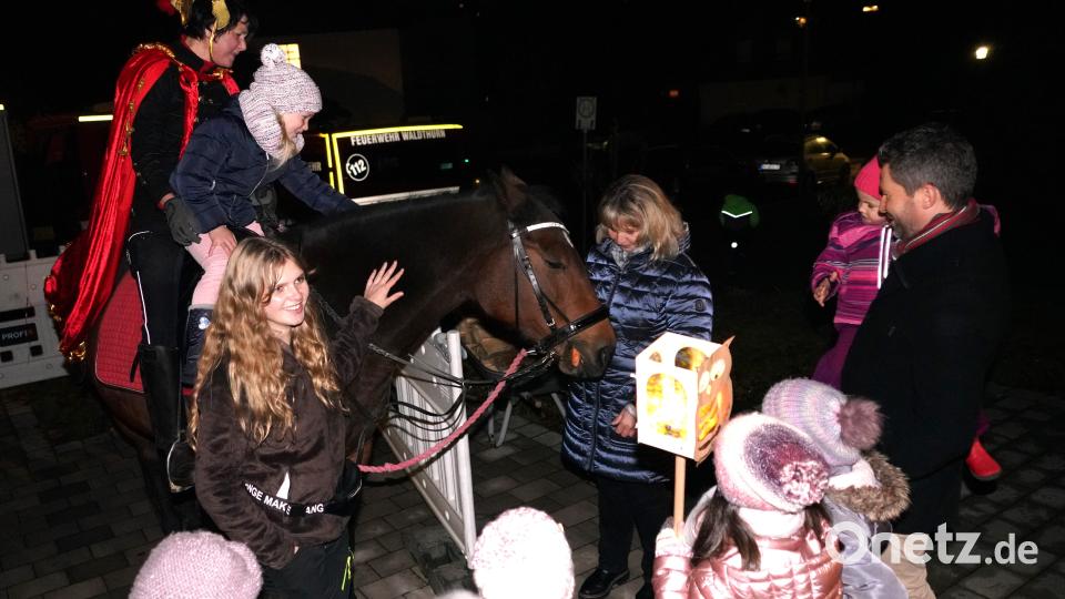 Stellvertretende Kita - Leiterin Martina Lorenz (Mitte) belohnt die 12-jährige Stude „Lady Toskana“ mit drei Gelben Rüben. Bild: fvo