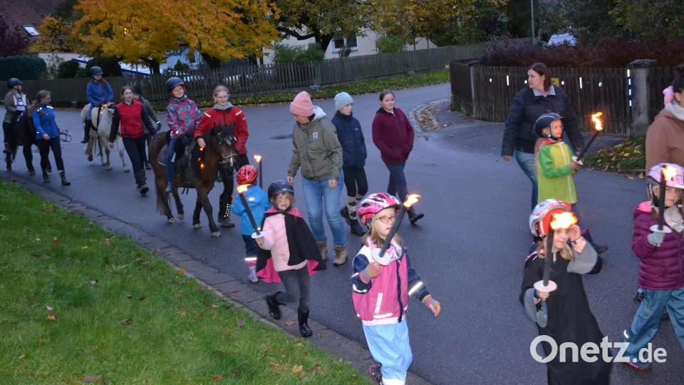 Mit Fackeln und geschmückten Pferden geht es beim Kinder-Spaß-Programm an Halloween durch Moosbach. Bild: gi