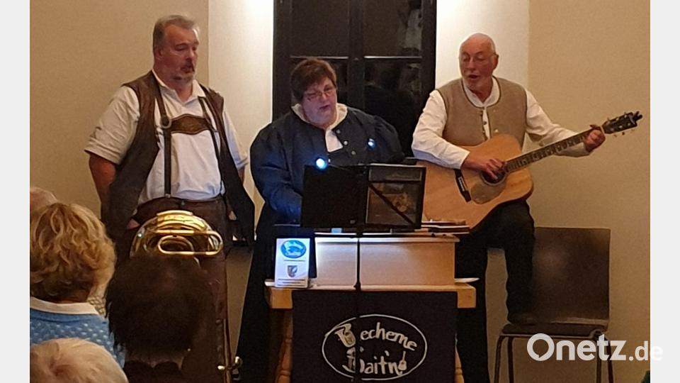 Franz Gericke, Ingrid Gericke und Josef Donhauser (von links) bilden die Musikgruppe „Blecherne Sait&#039;n“, die im Kapitelsaal der Burg Falkenberg spielte. Bild: Forum Falkenberg/exb