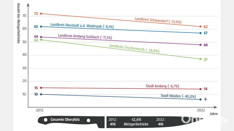 Die Entwicklung der Betriebszahlen der Oberpfälzer Metzgereien. (Stand: jeweils 31. Dezember/Quelle: Handwerkskammer Niederbayern-Oberpfalz) Grafik: Romy Maderer