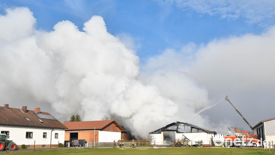 Beim Großbrand eines Schweinestalls in Hiltersdorf dürften sehr viele Schweine ums Leben gekommen sein, da die Tiere zunächst im Gebäude blieben. Bild: Petra Hartl