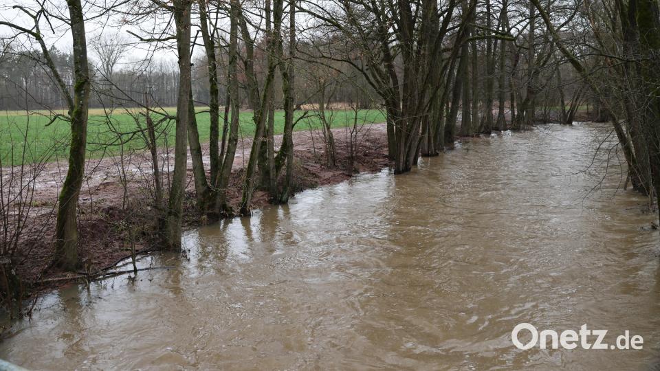 Das Flussbett der Haidenaab reicht in Unterbruck derzeit noch gerade so aus. Sollten weitere Regenfälle zum Anstieg des Pegels führen, wird es wieder zu Überschwemmungen kommen. Bild: rpp