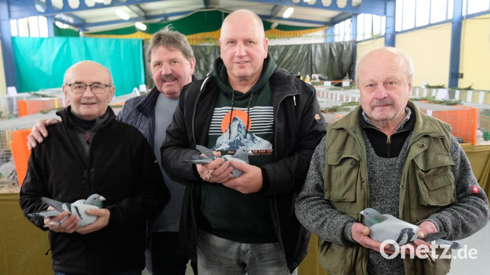 RV-Vorsitzender Josef Dötsch (Zweiter von links) gratuliert bei der Ausstellung in Tremmersdorf den Gesamtsiegern Richard Oberst (Erster von links), Rudolf Fremuth (Dritter von links) und Hans Kreuzer. Bild: do