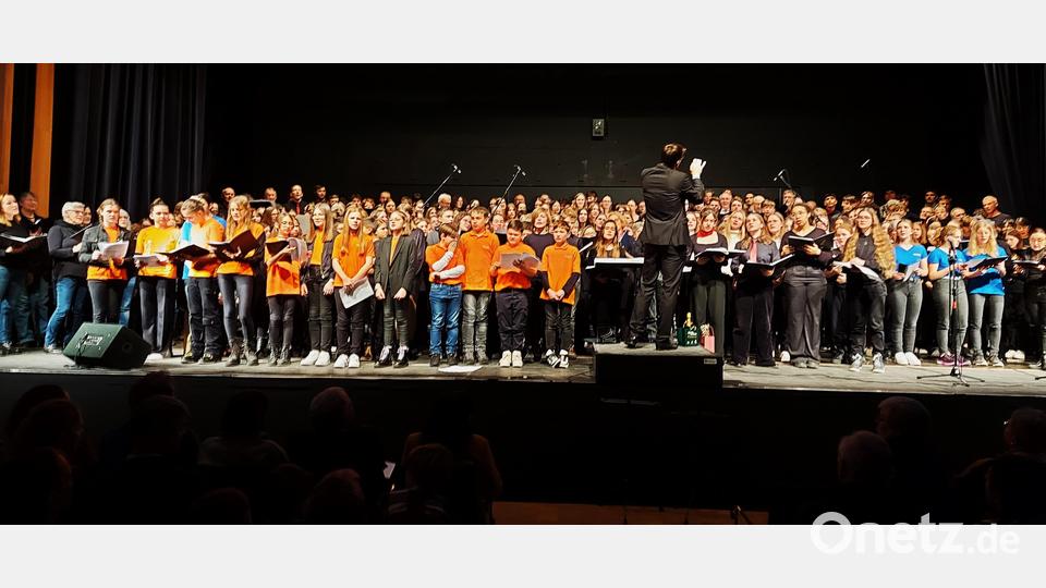 Der Song „You´re the Voice“ ist die Zugabe der sieben Chöre unter Leitung von Andreas Lehmann nach Standing Ovations des Publikums in der Schwarzachtalhalle. Bild: lg
