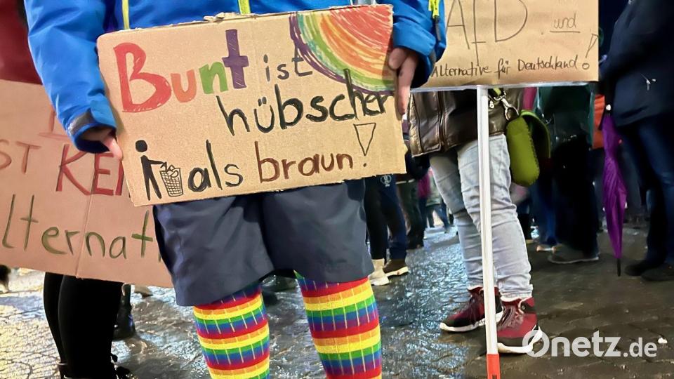 &quot;Bunt ist viel hübscher als braun&quot;, fand dieser Demonstrant, und zeigte es am Montagabend in Weiden auch modisch. Bild: Gabi Schönberger