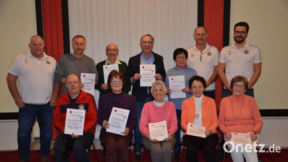 Ausgezeichnet für langjährige Mitgliedschaft und ehrenamtliche Tätigkeit im 1. FC Neukirchen: (stehend, von links) Joachim Thümmler, Christian Sperber, Gerd Horn, Werner Ottmann, Carola Ertl, Siegfried Witzel, Philip Schertl, (sitzend, von links) Reinhold Thümmler, Christa Grünthaler, Grete Rattai, Helga Stadelmeier, Hannelore Luber. Bild: Dagmar Thümmler/exb