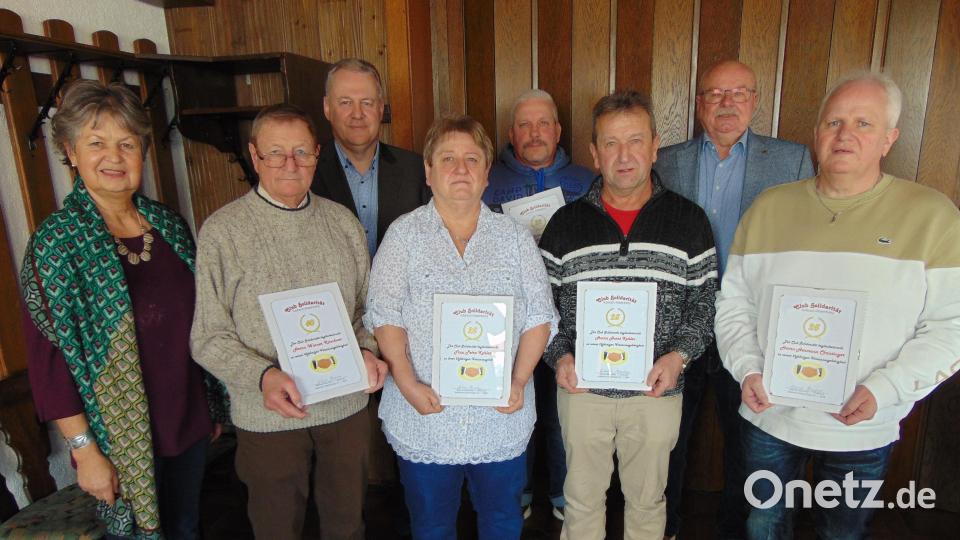 Ehrengäste und Geehrte beim Club Solidarität: (von links) Dritte Bürgermeisterin Hildegard Geismann, Werner Kirschner, Landrat Richard Reisinger, Petra Kohler, Norbert Christinger, Horst Kohler, Hans-Jürgen Reitzenstein und Hermann Christinger. Bild: fnk