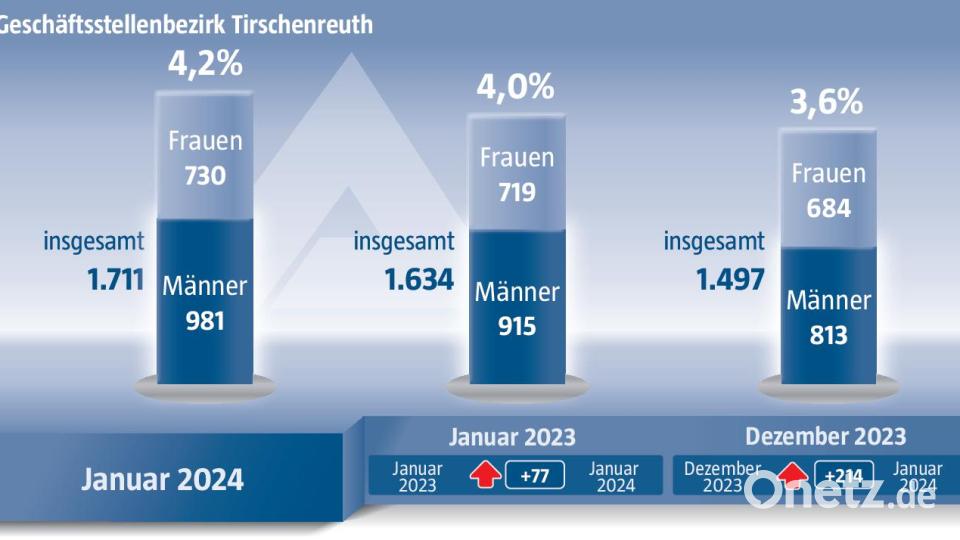 Die Arbeitslosenzahlen im Landkreis Tirschenreuth im Januar 2024. Bild: Grafik: Marco Meier/Quelle: Agentur für Arbeit