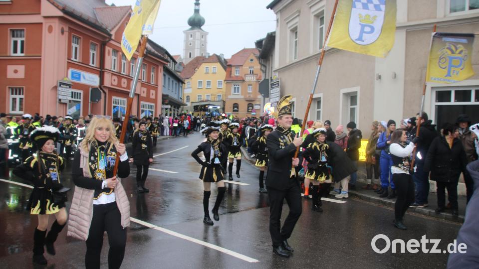 PFV-Faschingspräsident Martin Reis führte mit Sabrina Traub und Verena Kormann den Zug in Pressath an. Bild: sne