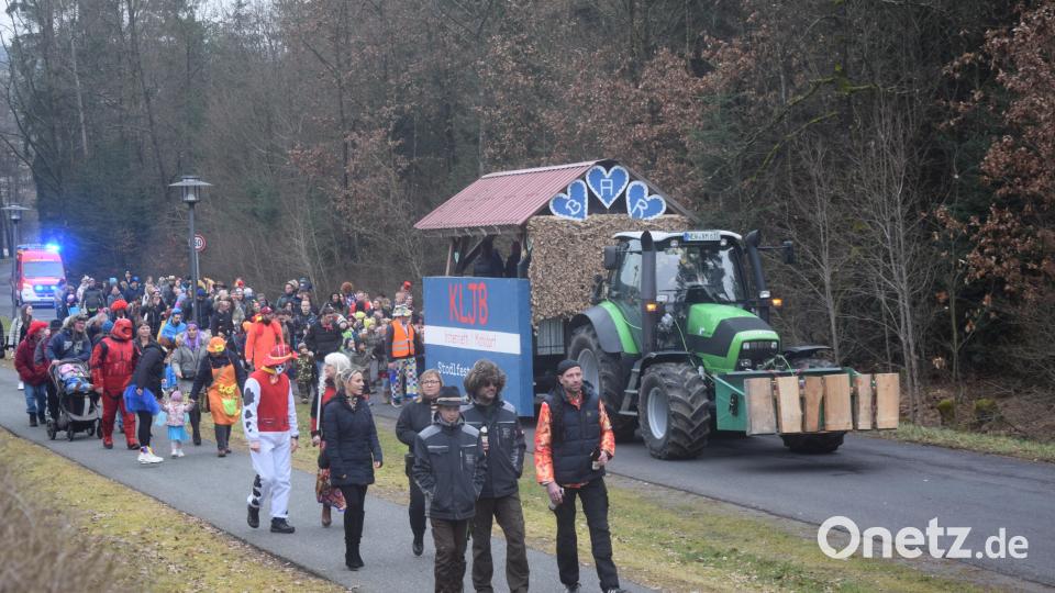 Der Zug hat keine Bremse beim Kinderfasching in Irchenrieth vom Rathaus zum DJK-Sportheim. Bild: fz