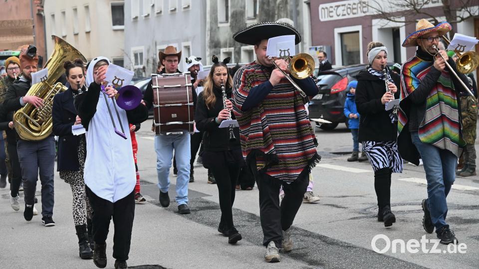 Die Hohenburger Trachtenkapelle gibt beim Faschingszug den Ton an. Bild: gf