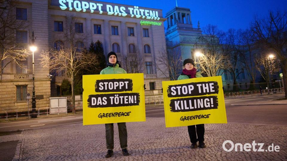 Zum zweiten Jahrestag des Beginns des Ukraine-Krieges projiziert Greenpeace den Satz „Stoppt das Töten!“ an die Fassade der russischen Botschaft in Berlin. Bild: Annette Riedl/dpa
