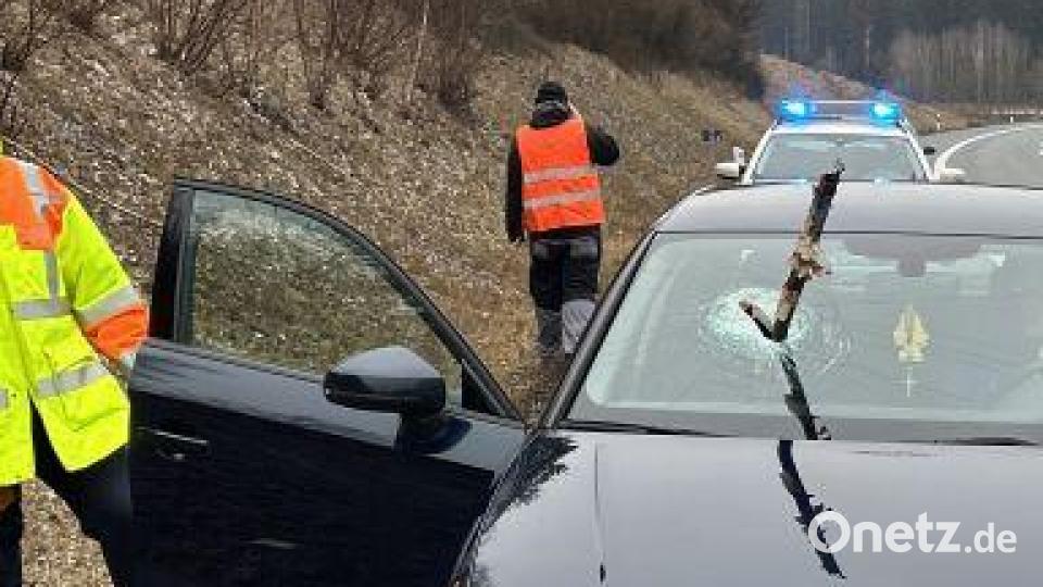 Eine Eisenstange löste sich von einem Anhänger und durchbohrte die Windschutzscheibe eines Audis auf der A 93 bei Schönwald. Bild: Verkehrspolizeiinspektion Hof