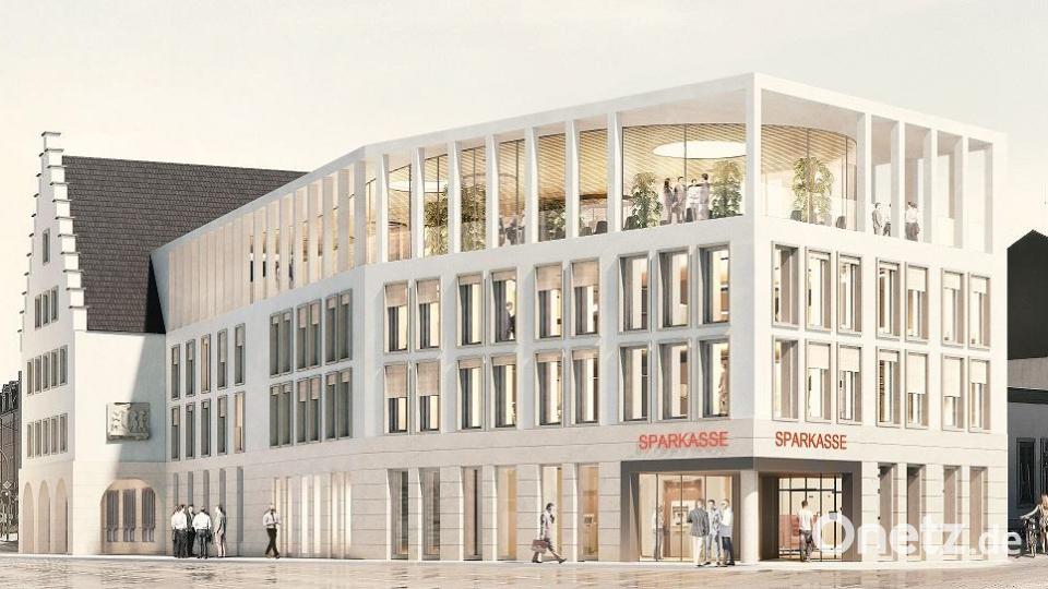 &quot;Tradition trifft Moderne&quot;: Mit der energetischen Sanierung der Gebäude will die Sparkasse einen großen Schritt in Richtung Klimaneutralität schaffen. Grafik: Architekturbüro Brückner &amp; Brückner/exb