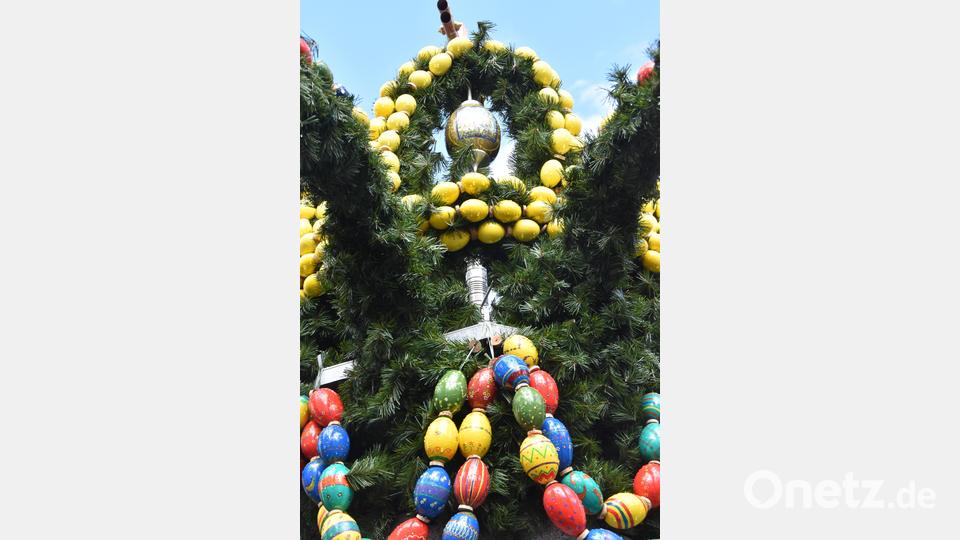 In der Krone des Osterbrunnens finden sich vier kunstvoll mit Weidener Motiven bemalte, Straußeneier. Bild: hcz