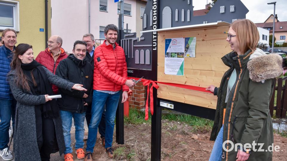 Einweihung der neuen Info-Tafel in der Hörburgerstraße auf der Luitpoldhöhe in Amberg mit Stadtteilvertretern sowie offiziellen Gästen sowie Quartiermanagerin Olga Schöps (rechts). Bild: Stephan Huber